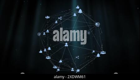 Image of globe of digital icons spinning and blue light trails against black background Stock Photo