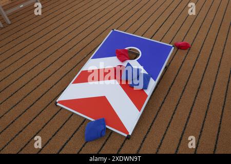 Red, white and blue corn hole game with bags Stock Photo