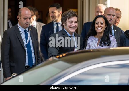 Prague, Czech Republic. 24th June, 2024. President of Argentina Javier Milei (C) seen after the press conference with the topic 'How about an inefficient government' in Prague. President of Argentina Javier Milei is on his official visit of the Czech Republic. Credit: SOPA Images Limited/Alamy Live News Stock Photo