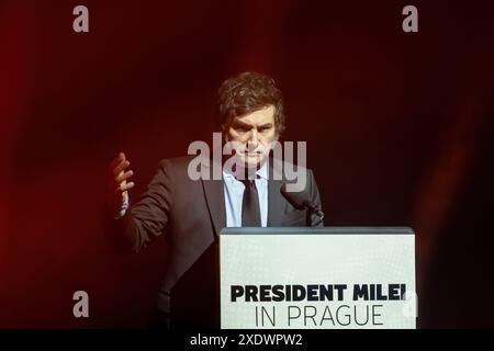 Prague, Czech Republic. 24th June, 2024. President of Argentina Javier Milei speaks on the topic, 'How about an inefficient government' during a press conference in Prague. President of Argentina Javier Milei is on his official visit of the Czech Republic. Credit: SOPA Images Limited/Alamy Live News Stock Photo