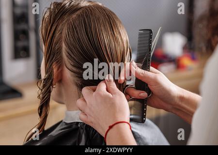 beauty master combing client's wet hair in beauty salon close-up, self-care concept, professional hair care Stock Photo