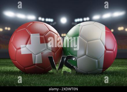 Two soccer balls in flags colors on a stadium blurred background. Switzerland and Italy. 3D image. Stock Photo