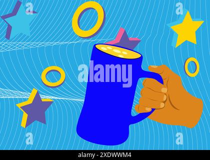 Beer in hand geometrical graphic retro theme background. Minimal geometric elements. Vintage abstract shapes vector illustration. Stock Vector