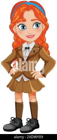 Red-haired girl in school uniform smiling confidently Stock Vector