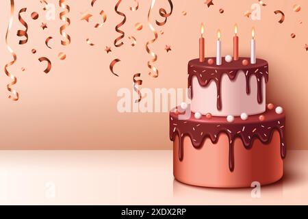 Birthday and anniversary banner with two tier cake with chocolate icing, decoration and candles on top, falling confetti ribbons in studio room interior. Realistic 3d vector of b-day sweet dessert. Stock Vector