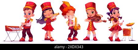 March parade music kid character band cartoon. Drum, trumpet, trombone and sax instrument for playing military children orchestra isolated set. Smiling happy boy and girl in red uniform and boots Stock Vector