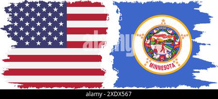 Minnesota state and USA grunge flags connection, vector Stock Vector