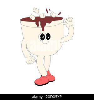 Christmas and Happy New Year groovy drink hot cocoa character isolated. Winter holidays mascot. Retro hippie character in 60s, 70, y2k style with funn Stock Vector