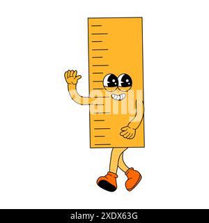 Childrens school supply - cartoon ruler in retro groovy style. Funny mascot for education Back to school banner, cover design, poster or sticker. y2k Stock Vector