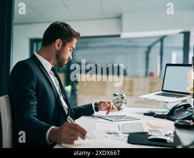 Business man, tablet and documents for planning or data analysis of statistics, spreadsheet or financial report. Accountant, broker or analyst problem Stock Photo