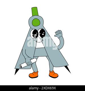 Childrens school supply - cartoon compas, pen box in retro groovy style. Funny mascot for education Back to school banner, cover design, poster or sti Stock Vector