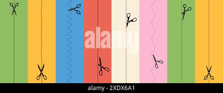 Set of scissors icons with dotted lines. Montessori game. Stock Vector