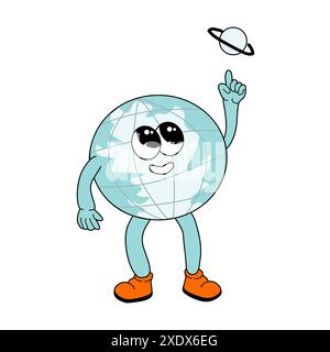 Childrens school supply - cartoon globe in retro groovy style. Funny mascot for education Back to school banner, cover design, poster or sticker. y2k Stock Vector