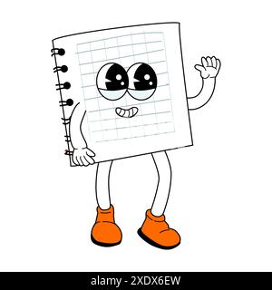 Childrens school supply - cartoon notebook in retro groovy style. Funny mascot for education Back to school banner, cover design, poster or sticker. y Stock Vector