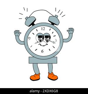 Childrens school supply - cartoon alarm clock in retro groovy style. Funny mascot for education Back to school banner, cover design, poster or sticker Stock Vector