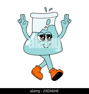 Childrens school supply - cartoon chemical bottle in retro groovy style. Funny mascot for education Back to school banner, cover design, poster or sti Stock Vector
