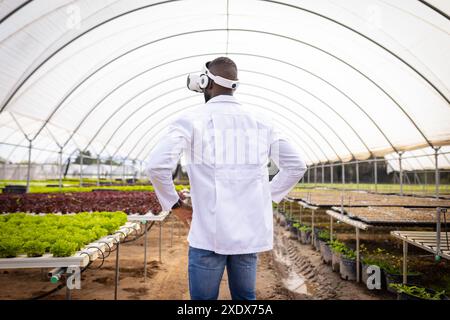 Farmer in white coat using VR headset inspecting hydroponic vegetable garden Stock Photo