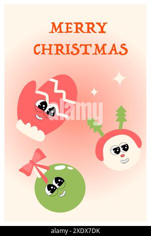 Vertical xmas banner with groovy character. Christmas y2k character and elements background. Happy New Year and Christmas Template in retro style. Stock Vector