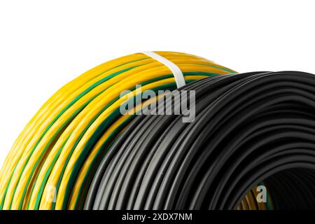 Yellow And Black Electrical Wire Spools Isolated On White Background Stock Photo