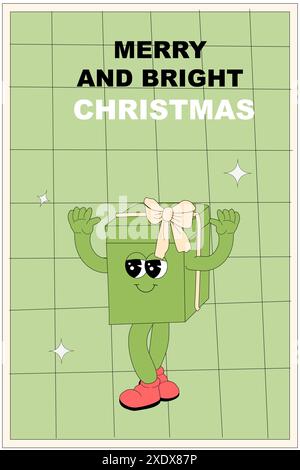 Vertical xmas banner with groovy character. Christmas groovy character with y2k elements poster or greeting card. Happy New Year and Christmas Templat Stock Vector