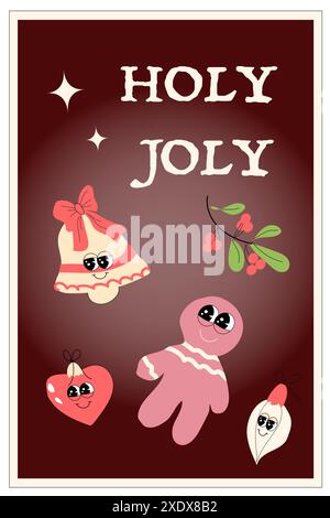 Vertical xmas banner with groovy character. Christmas y2k character and elements background. Happy New Year and Christmas Template in retro style. Stock Vector