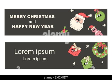 y2k new year banner with groovy characters santa and other holiday elements. Christmas groovy characters background. xmas horizontal banner. Stock Vector