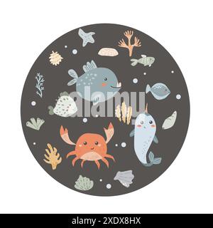 Childrens sea animal background with shell. Nautical elements card. Cute fish or ocean inhabitant with seaweed, shells. Sea wild life, marine animals Stock Vector