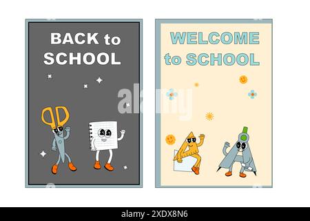 School posters set with groovy characters. Stationery with y2k school elements background. Retro 60s and 70s, y2k vertical banners set for Back to sch Stock Vector