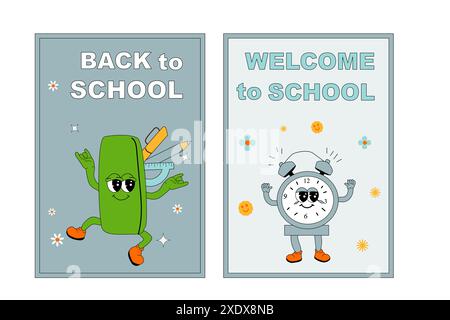School posters set with groovy characters. Stationery with y2k school elements background. Retro 60s and 70s, y2k vertical banners set for Back to sch Stock Vector