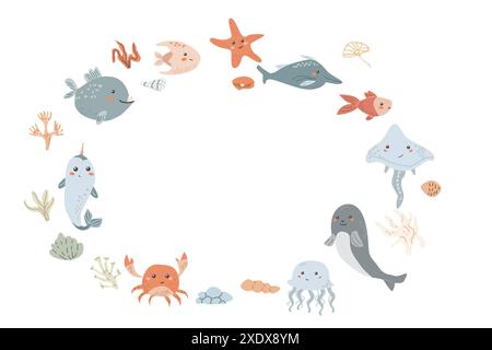 Cute marine frame with sea animals, shell, dolphin and other ocean inhabitants. Nursery pastel design. Childrens sea animals background. Stock Vector