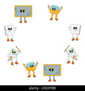 Back to school y2k groovy frame with supplies. Childrens school elements background isolated with cartoon retro y2k characters. Chalkboard, notebook, Stock Vector