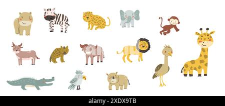 Childrens animals set. African elephant, lion, rhinoceros, monkey, zebra, leopard, hyena and other cute tropical animals. Collection of childish chara Stock Vector