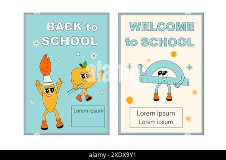 School posters set with groovy characters. Stationery with y2k school elements background. Retro 60s and 70s, y2k vertical banners set for Back to sch Stock Vector
