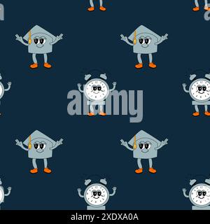 y2k school groovy seamless pattern. Childrens pattern with school supplies and y2k elements. Education repeating background with stationery, trendy re Stock Vector