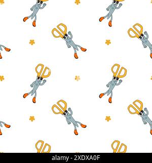 y2k school groovy seamless pattern. Childrens pattern with school supplies and y2k elements. Education repeating background with stationery, trendy re Stock Vector