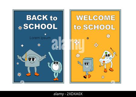 School posters set with groovy characters. Stationery with y2k school elements background. Retro 60s and 70s, y2k vertical banners set for Back to sch Stock Vector