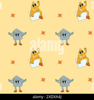 y2k school groovy seamless pattern. Childrens pattern with school supplies and y2k elements. Education repeating background with stationery, trendy re Stock Vector