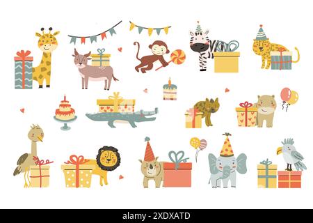 Childrens animals set. Cute african animals collection with gifts. little wild pets for Childish postcard. Celebration tropical characters with presen Stock Vector