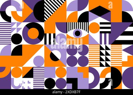 Halloween abstract modern geometric pattern. Halloween gift wrapping paper color pattern with vintage Bauhaus graphic vector elements. Autumn holiday minimalism orange, purple and black background Stock Vector