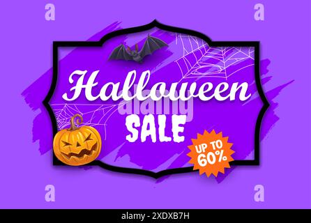 Halloween sale frame with holiday pumpkin, bat and cobwebs on purple background. Vector promo banner with spooky grinning jack lantern inviting for the festive creepy discount at horror night Stock Vector