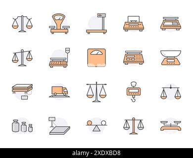 Balance flat line icons set. Weight measurement tools, diet scales, trade, electronic, industrial calibration vector illustrations. Thin sign justice Stock Vector