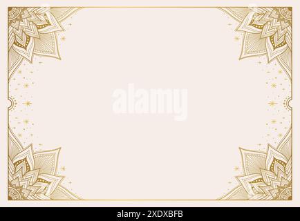 Empty beige frame with gold mandala patterns and stars on a light background. Flat lay mockup design with copy space for greeting card, invitation, or Stock Vector
