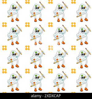 y2k school groovy seamless pattern. Childrens pattern with school supplies and y2k elements. Education repeating background with stationery, trendy retro groovy characters. Fabric childish design. Stock Vector