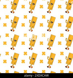 y2k school groovy seamless pattern. Childrens pattern with school supplies and y2k elements. Education repeating background with stationery, trendy retro groovy characters. Fabric childish design. Stock Vector