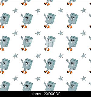 y2k school groovy seamless pattern. Childrens pattern with school supplies and y2k elements. Education repeating background with stationery, trendy retro groovy characters. Fabric childish design. Stock Vector