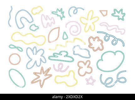 Set of abstract retro line shapes. Geometric shapes. Sticker set. Bubble, star, flower, loop, cloud, leaf, curve line, infinity sign, wavy  lines. Stock Photo