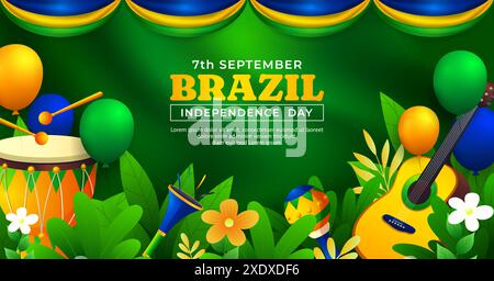 Brazil Independence Day banner design, 7th september celebration with colorful elements and tropical leaves Stock Vector