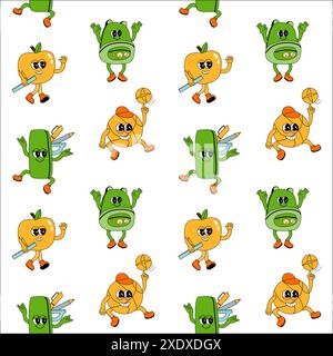 y2k school groovy seamless pattern. Childrens pattern with school supplies and y2k elements. Education repeating background with stationery, trendy retro groovy characters. Fabric childish design. Stock Vector