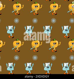 y2k school groovy seamless pattern. Childrens pattern with school supplies and y2k elements. Education repeating background with stationery, trendy retro groovy characters. Fabric childish design. Stock Vector