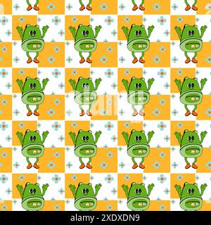 y2k school groovy seamless pattern. Childrens pattern with school supplies and y2k elements. Education repeating background with stationery, trendy retro groovy characters. Fabric childish design. Stock Vector